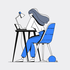 Woman Working at Desk Illustration: An illustration of woman sitting at desk and working on laptop under lamp.
