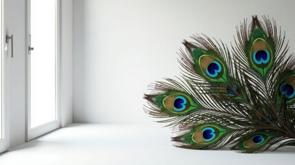 Obraz premium Serene Interior Design Featuring Vibrant Peacock Feathers in a Minimalist Setting
