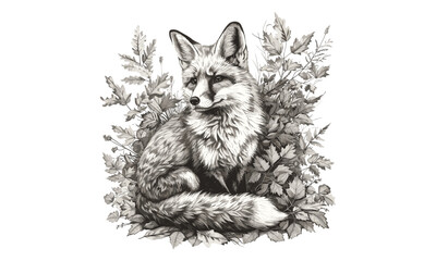 Vintage Fox Illustration, Autumn Leaves Sketch, Rustic Forest Animal Art, Hand-drawn Engraving Style, Nature Drawing in Black, woodland wall art, engraved woodland fox
