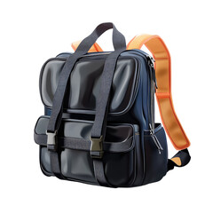 Naklejka premium A stylish backpack with sleek design featuring black and gray tones and orange straps on a black background on transparent background