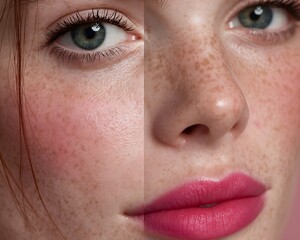 Obraz premium Makeup look that enhances freckles – before with bare freckled skin, after with sheer foundation, blush, and soft lips.
