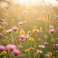 Fototapeta premium Golden Hour Meadow: A Symphony of Wildflowers Basking in the Sunset's Embrace