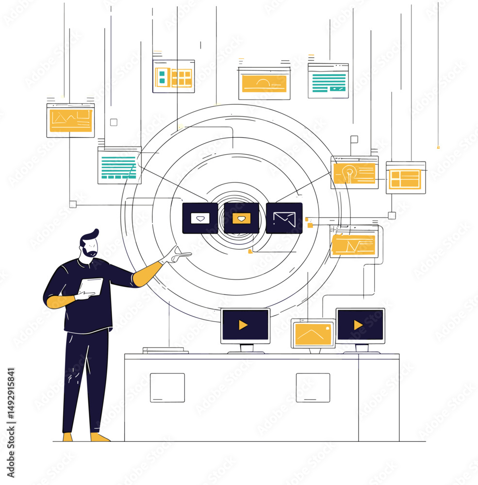 Poster digital network architect: a modern graphic illustrates a person overseeing a digital network's intr