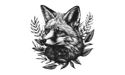Hand-drawn Fox Engraving, Rustic Animal Print, Vintage Woodland Decor, Black Sketch Effect, Nature Illustration, Forest Leaves, Wildlife Wall Art, Old Engraving Style, Trendy Wildlife Art