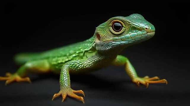 Close-up of a vibrant green lizard.