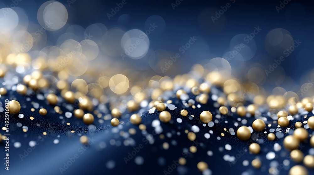 Poster abstract textured background with gold and silver beads on a dark blue surface. bokeh highlights add