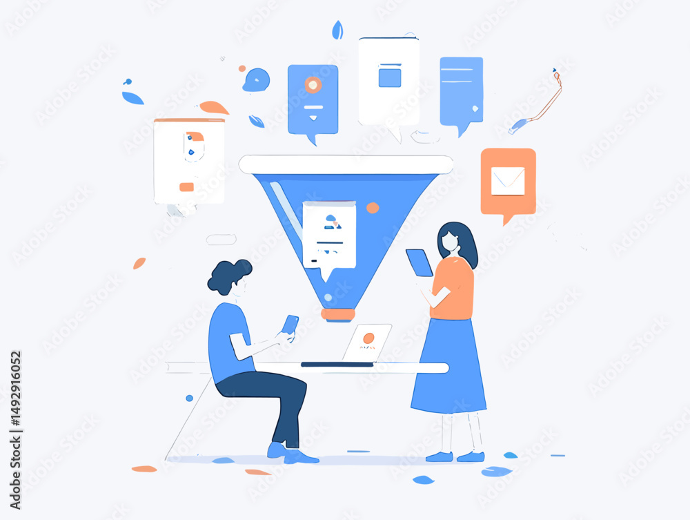 Poster data filter: abstract illustration depicts two figures interacting with a funnel-shaped data filter,