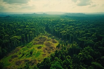 Fototapeta premium Aerial view of Amazon rainforest showing extensive deforestation and environmental impact on the ecosystem, 4k aerial amazon deforestation