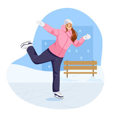 Naklejka premium Happy girl ice skating in winter clothes on ice rink, cartoon style, urban snowy background, concept of outdoor fun. Vector illustration