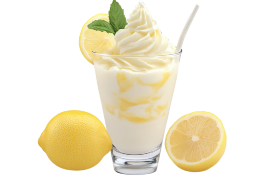 A refreshing lemon smoothie in a glass with a straw and lemon slices on a black background studio shot on transparent background