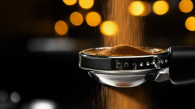 Close-up of freshly ground coffee being poured into a portafilter, creating an inviting aroma and preparing for the perfect espresso shot.