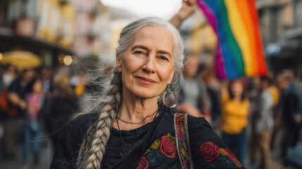Fototapeta premium Standing Proud – Pride Month Street Portrait with Rainbow Flag and Grey Braids