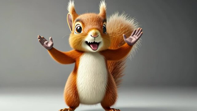 Smiling cartoon squirrel standing with raised arms against plain background. Happy rodent illustration