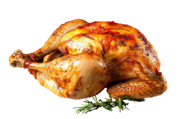 A golden brown roasted chicken with crispy skin and rosemary sprigs against a black background space for text on transparent background