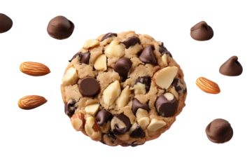A close up shot of a chocolate chip cookie with almonds and chocolate chips on a dark background on transparent background
