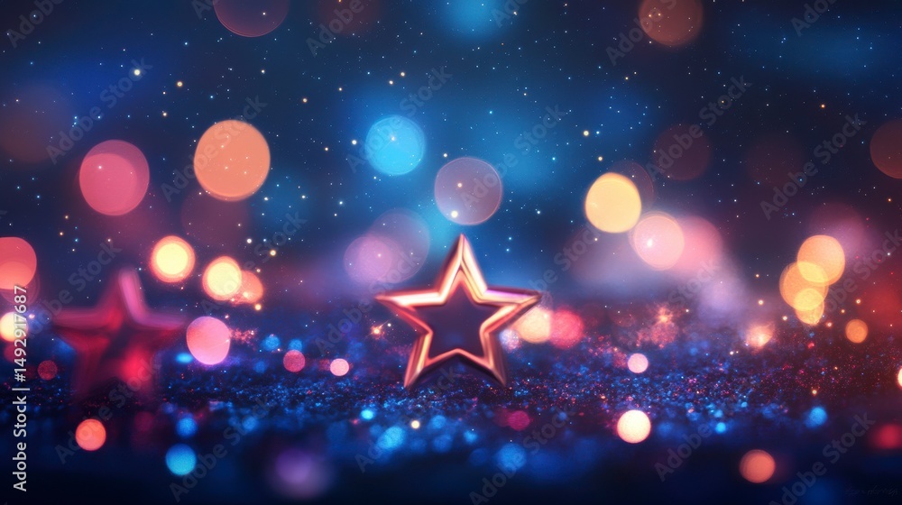 Poster Sparkling golden star on glittery surface with bokeh lights.