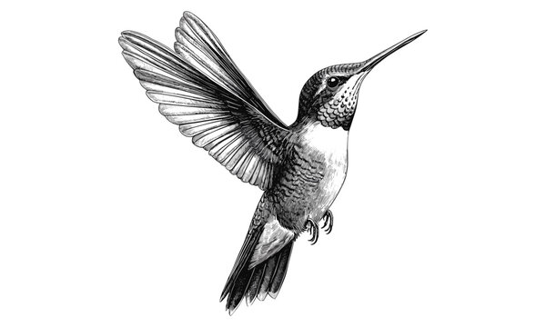 Hand-drawn Hummingbird in Flight, Black Sketch, Rustic Bird Design, Vintage Animal Art, Wildlife Decor, Old Engraving Style, Trendy Animal Wall Print, Antique Sketch, Elegant Decor