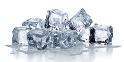 Close-up of a pile of melting ice cubes on a reflective surface. The glistening, transparent ice reflects light beautifully.