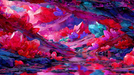 cave filled with glowing crystals and reflective pools