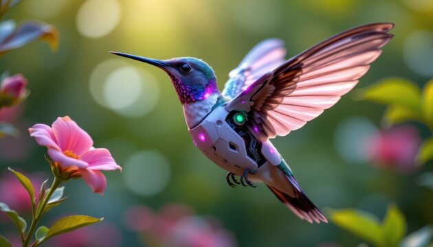 hyperreal robotic hummingbird with petal wings hovering near a flower with glowing sensors and blurred natural background