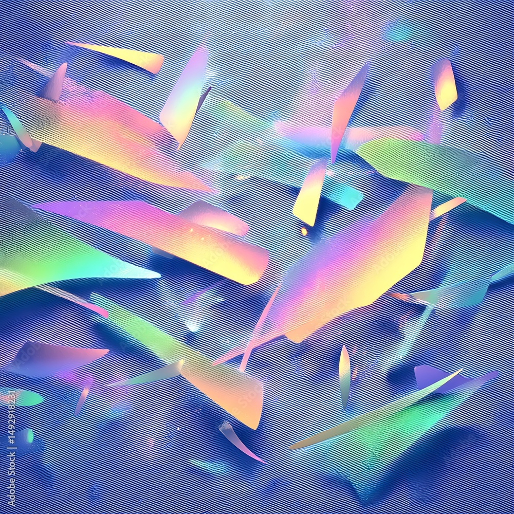 Poster colorful abstract shapes floating on a blue background with soft gradients and textures