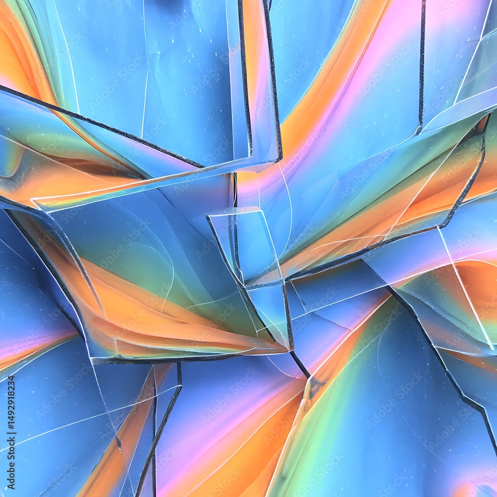 Poster vibrant abstract art with colorful reflections and dynamic curved shapes in a digital composition