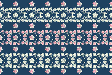Elegant traditional Thai pattern featuring pink and cream kanok flame motifs and floral elements arranged in horizontal borders on a deep blue background. This seamless vector design is perfect 