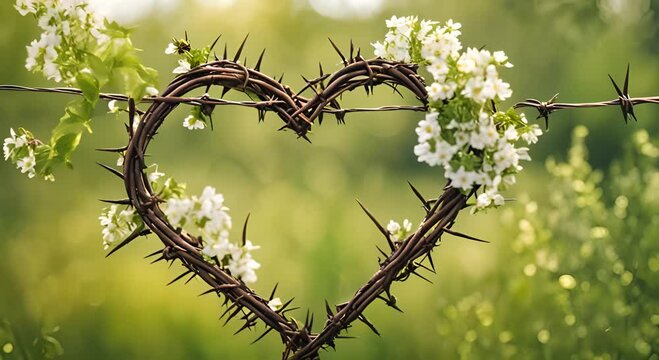 Rusty barbed wire fence forms a heart shape entwined with thorny branches and delicate spring flowers amidst a lush green forest 4K
