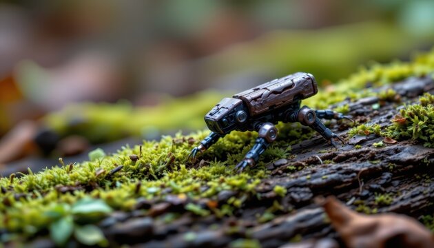 tiny bark textured microbot crawling over a mossy log in a damp woodland scene to emphasize nature aligned robotics design