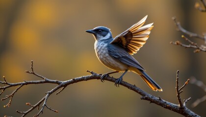 Obraz premium artificial bird with feathered metal wings and bark textured frame perching on a bare branch during early morning light
