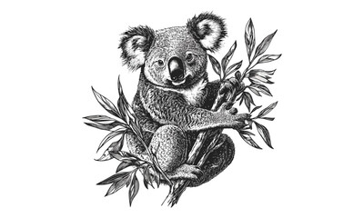 Hand-drawn Koala on Eucalyptus Tree, Vintage Wildlife Art, Rustic Animal Drawing, Black Sketch Effect, Nature Wall Decor, Australian Art, Old Engraving Style, Trendy Rustic Design © Vintage Studio