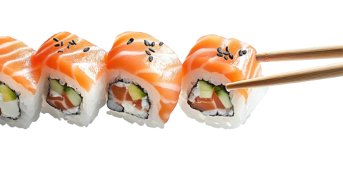 A close up view of salmon sushi rolls with black sesame seeds and chopsticks on a black background on transparent background