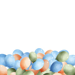 Photo-realistic watercolor border with floating pastel balloons in blue, green, and orange on white background. Soft festive illustration ideal for baby showers and celebration designs