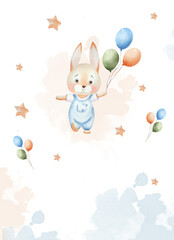 Watercolor rectangular template with illustration of cute bunny in blue jumpsuit holding balloons. Stars and spots on white background. Design for children and holidays, birthday party. space for text