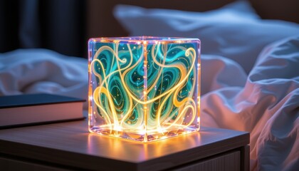 a transparent memory data cube glowing with swirling teal and gold patterns placed on a futuristic bedside table under soft ambient lighting evoking emotional resonance
