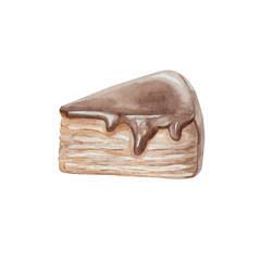 Watercolor illustration of puff pastry cake slice with rich dark chocolate frosting on white background. Realistic style with smooth texture, perfect for menus, packaging, and dessert designs