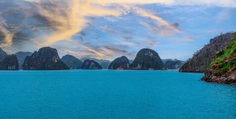 Halong Ha Long Bay Hanoi this Vietnamese wonder is littered with mountains and Rock cliffs popping...
