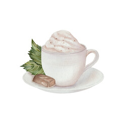 Watercolor illustration of a white coffee cup with whipped cream and chocolate on a saucer, accented by a green leaf. Soft pastel colors, ideal for cafe menus, packaging, and kitchen decor
