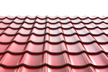 A close up view of a red metal roof with a repeating pattern and dark trim under a black background on transparent background