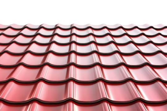 A close up view of a red metal roof with a repeating pattern and dark trim under a black background on transparent background