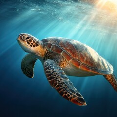 Fototapeta premium Sea Turtle Swimming in Sunlit Ocean Waters Close Up View Marine Life Underwater Photography Aquatic Animal