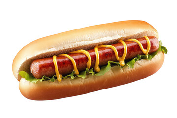 A delicious looking hotdog with mustard and lettuce in a bun on a black isolated studio background shot on transparent background