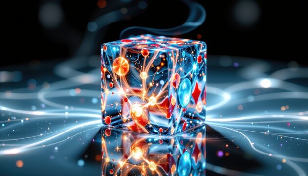 a high contrast close up of a translucent memory cube with swirling light trails on a reflective glass surface under focused white lighting