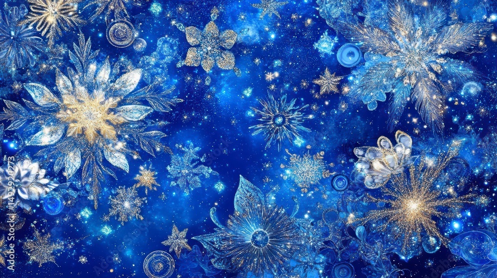 Aufkleber abstract blue and gold snowflake design with sparkling, glittering effect.