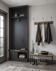 Scandinavian style entrance hall with practical storage space and coat rack 