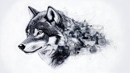 A detailed grayscale wolf's head portrait, seamlessly blended with abstract geometric shapes and mechanical elements, creating a surreal, artistic effect