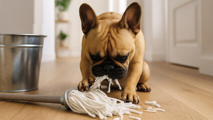French Bulldog Tearing Apart a Mop in a Minimalist Hallway &mdash; Signs of Separation Anxiety
