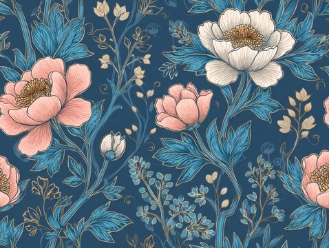 Fototapeta Elegant floral pattern featuring pink and white peonies with teal leaves on a navy blue background artistic design