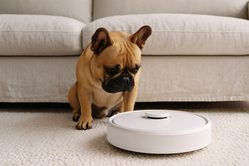 Curious French Bulldog Staring at White Robot Vacuum in Cozy Living Room