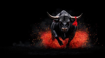 A powerful black bull charges forward, a red ribbon adorning its neck, amidst a fiery, orange-gold dust cloud against a stark black background